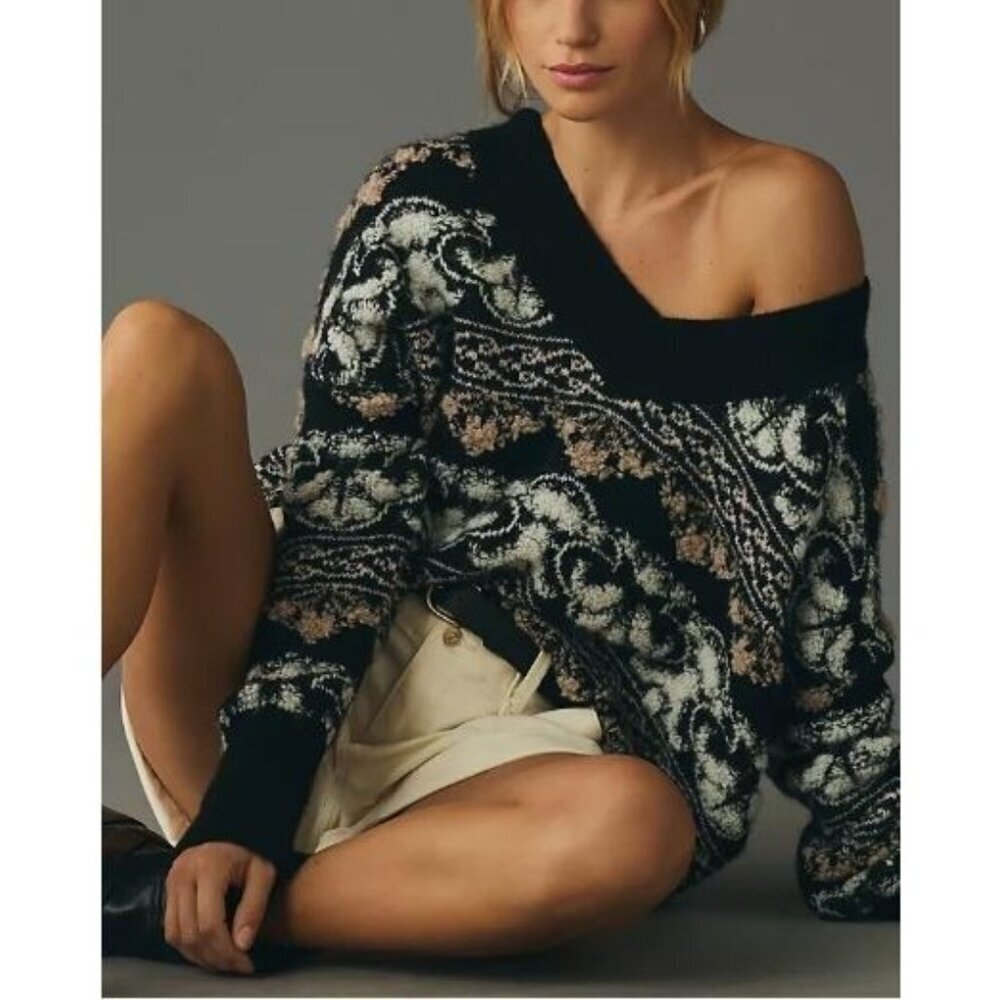 Anthropologie Sweater Womens Medium Black Textured V Neck Distressed Hem Slouchy